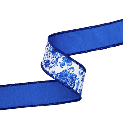 1 1/2" Wired Dupioni Ribbon | Blue and White Floral w/ Blue Backing | 10 Yard Roll LaRibbons and Crafts