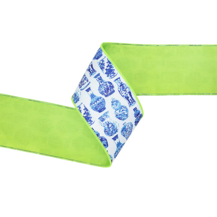 4" Wired Dupioni Ribbon | Blue and White China Pots w/ Lime Green Backing | 10 Yard Roll LaRibbons and Crafts
