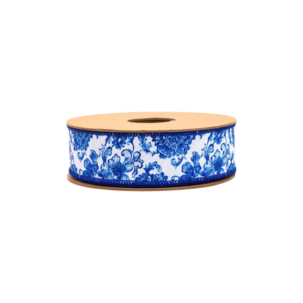 1 1/2" Wired Dupioni Ribbon | Blue and White Floral w/ Blue Backing | 10 Yard Roll LaRibbons and Crafts
