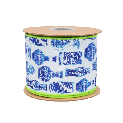 4" Wired Dupioni Ribbon | Blue and White China Pots w/ Lime Green Backing | 10 Yard Roll LaRibbons and Crafts