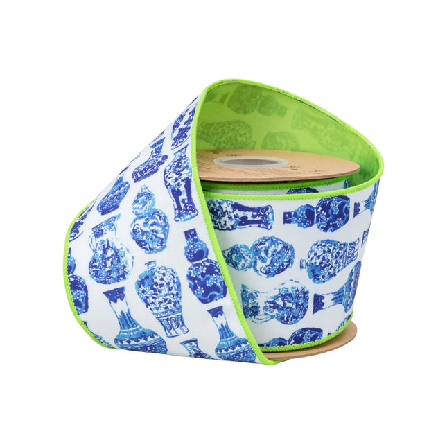 4" wired ribbon: blue/white china pot print, lime backing. 10-yard roll for crafting.
