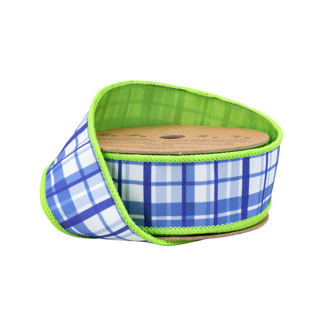 1 1/2" wired dupioni ribbon (blue and white plaid, lime green backing) ideal for outdoor   casual decorative bows