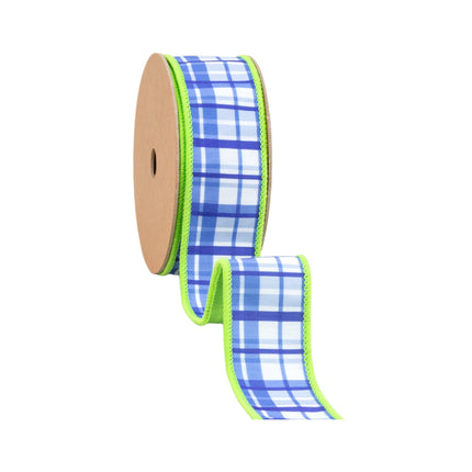 1 1/2" wired ribbon: blue and white plaid dupioni (lime green backing) great for playful packaging details
