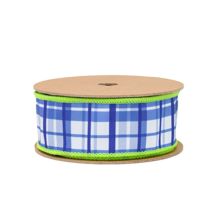 1 1/2" wired dupioni ribbon (blue and white plaid, lime green backing) ideal for  colorful party favor wrapping