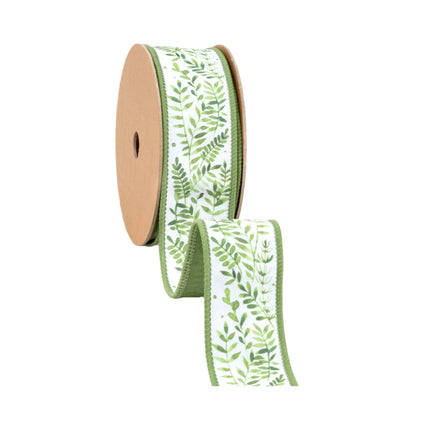 White base delicate watercolor fern vine wired ribbon roll matching muted green reverse