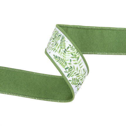 Minimalist botanical green fern wired dupioni ribbon textured fabric great for wedding ornaments