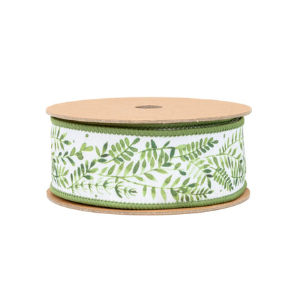 Ferns on White Wired Dupioni Ribbon soft leaf branch illustration full green backing