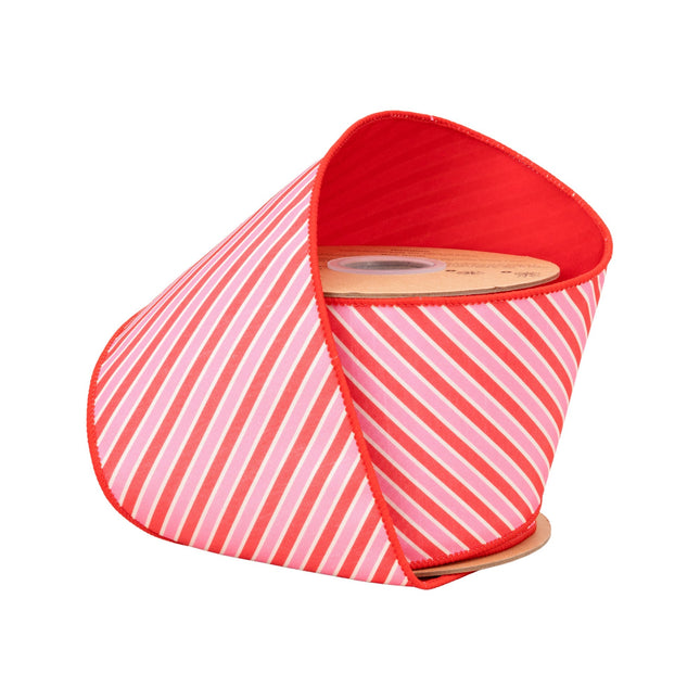 This wired dupioni ribbon, styled with Red/White Varied Diagonal Stripe patterns and finished with a red backing