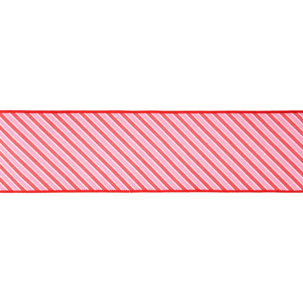 A wired dupioni ribbon featuring Red/White Varied Diagonal Stripe designs, ideal for festive packaging and event styling.