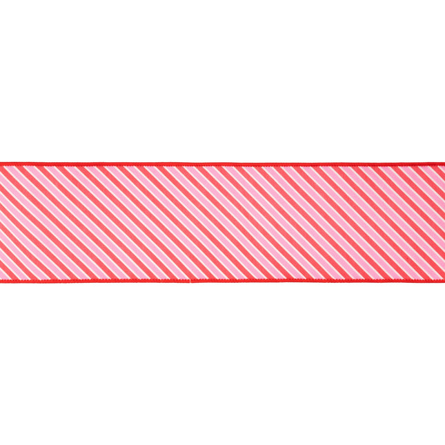 A wired dupioni ribbon featuring Red/White Varied Diagonal Stripe designs, ideal for festive packaging and event styling.