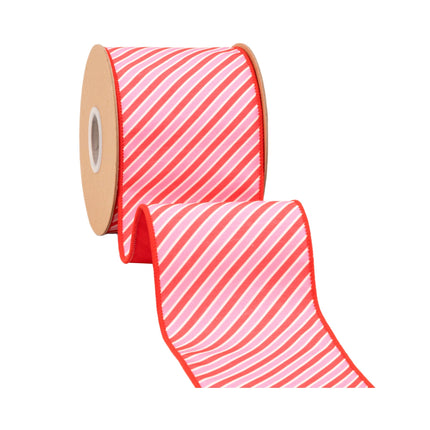 This wired dupioni ribbon combines Red/White Varied Diagonal Stripe motifs with a red backing