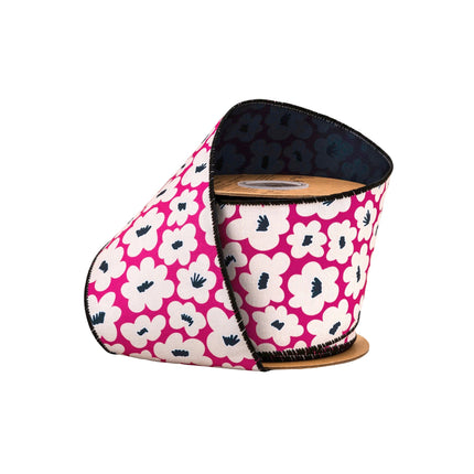 This wired dupioni ribbon (Black/White Floral on Pink + Black Backing) brings eye-catching flair to gift wrapping and seasonal decor.