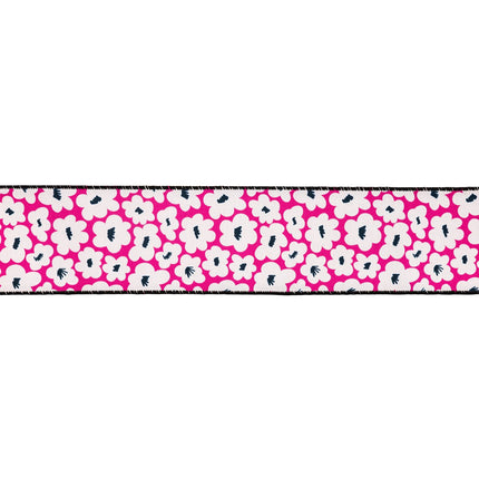 For vibrant boutique packaging, opt for this wired dupioni ribbon — it pairs Black/White Floral on Pink patterns with a sharp Black Backing.