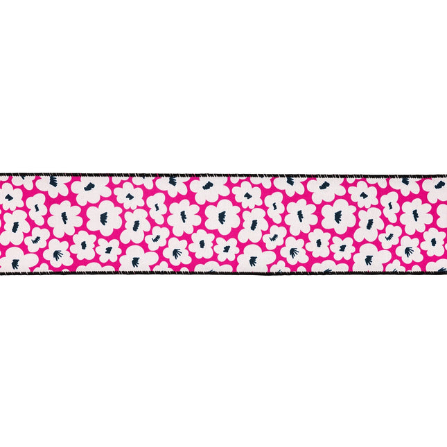 For vibrant boutique packaging, opt for this wired dupioni ribbon — it pairs Black/White Floral on Pink patterns with a sharp Black Backing.
