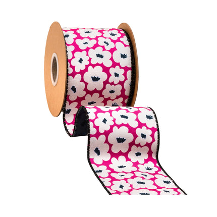 This wired dupioni ribbon, featuring Black/White Floral on Pink designs and a Black Backing, is ideal for floral arrangements.