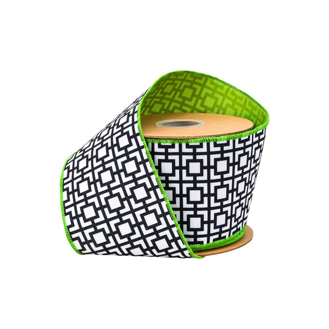 4" Wired Dupioni Ribbon | Black/White Breeze Block w/ Lime Green Backing | 10 Yard Roll LaRibbons and Crafts