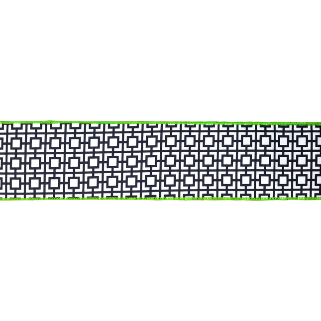 4" Wired Dupioni Ribbon | Black/White Breeze Block w/ Lime Green Backing | 10 Yard Roll LaRibbons and Crafts