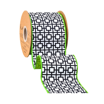 4" Wired Dupioni Ribbon | Black/White Breeze Block w/ Lime Green Backing | 10 Yard Roll LaRibbons and Crafts