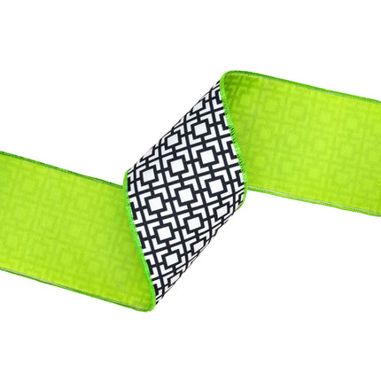 4" Wired Dupioni Ribbon | Black/White Breeze Block w/ Lime Green Backing | 10 Yard Roll LaRibbons and Crafts