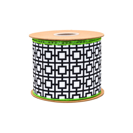 4" Wired Dupioni Ribbon | Black/White Breeze Block w/ Lime Green Backing | 10 Yard Roll LaRibbons and Crafts