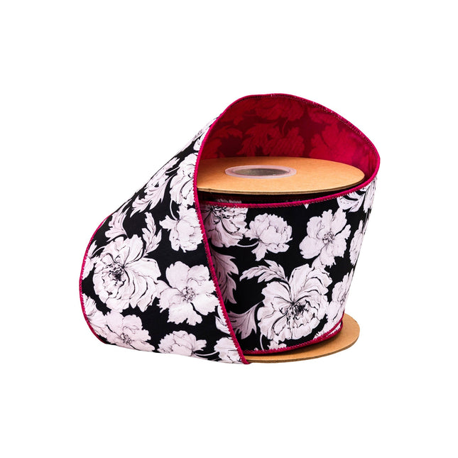 4" Wired Dupioni Ribbon | Black/White Floral w/ Pink Backing | 10 Yard Roll LaRibbons and Crafts