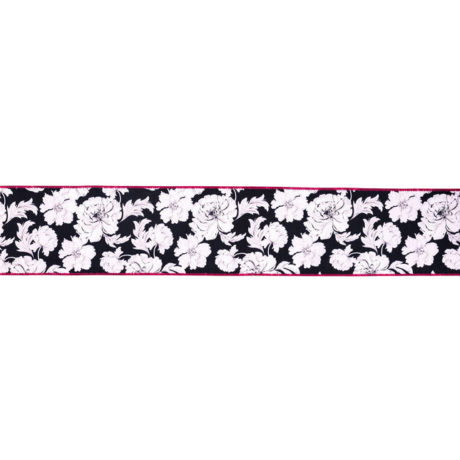 4" Wired Dupioni Ribbon | Black/White Floral w/ Pink Backing | 10 Yard Roll LaRibbons and Crafts
