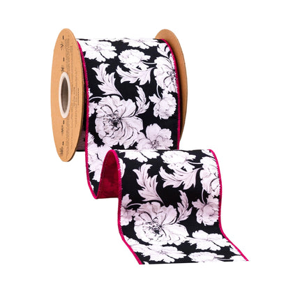 4" Wired Dupioni Ribbon | Black/White Floral w/ Pink Backing | 10 Yard Roll LaRibbons and Crafts
