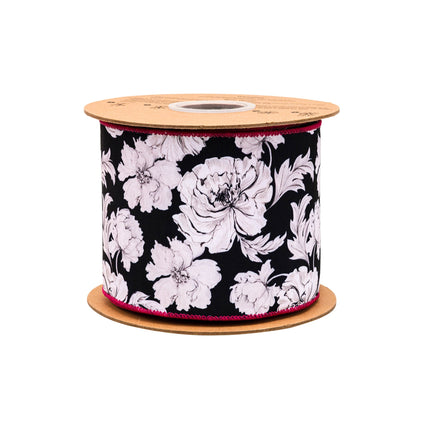 4" Wired Dupioni Ribbon | Black/White Floral w/ Pink Backing | 10 Yard Roll LaRibbons and Crafts