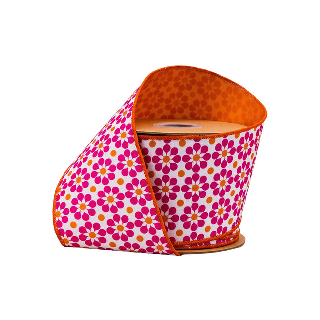 4" Wired dupioni ribbon with pink/orange geometric floral print and orange backing, ideal for bows