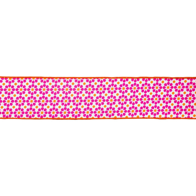This pink/orange geometric floral wired dupioni ribbon with orange backing works perfectly for decor 