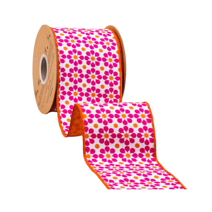 4" Wired Dupioni Ribbon | Pink/Orange Geometric Floral w/ Orange Backing | 10 Yard Roll LaRibbons and Crafts