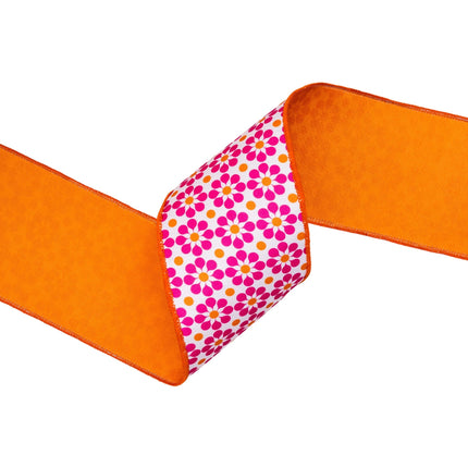 4" Wired Dupioni Ribbon | Pink/Orange Geometric Floral w/ Orange Backing | 10 Yard Roll LaRibbons and Crafts