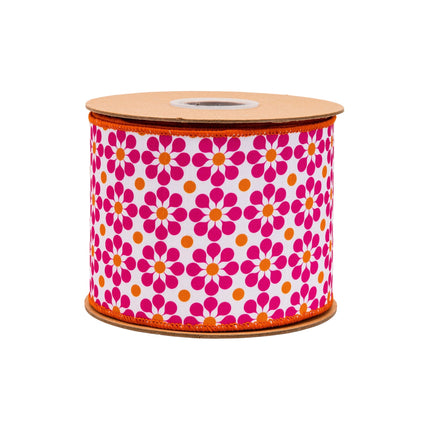 4" Wired Dupioni Ribbon | Pink/Orange Geometric Floral w/ Orange Backing | 10 Yard Roll LaRibbons and Crafts