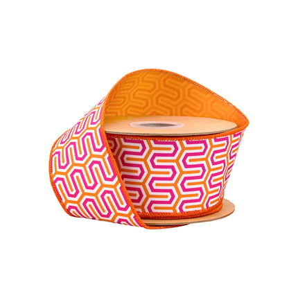 2 1/2" Wired Dupioni Ribbon| Pink/Orange/White Geometric w/ Orange Backing | 10 Yard Roll LaRibbons and Crafts