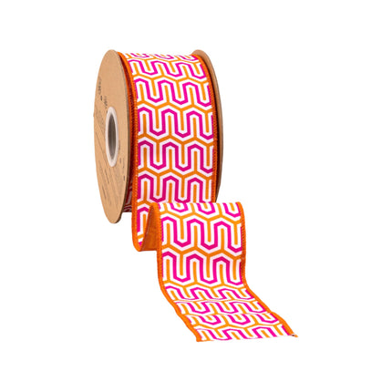 2 1/2" Wired Dupioni Ribbon| Pink/Orange/White Geometric w/ Orange Backing | 10 Yard Roll LaRibbons and Crafts