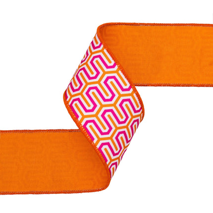 2 1/2" Wired Dupioni Ribbon| Pink/Orange/White Geometric w/ Orange Backing | 10 Yard Roll LaRibbons and Crafts