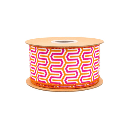2 1/2" Wired Dupioni Ribbon| Pink/Orange/White Geometric w/ Orange Backing | 10 Yard Roll LaRibbons and Crafts