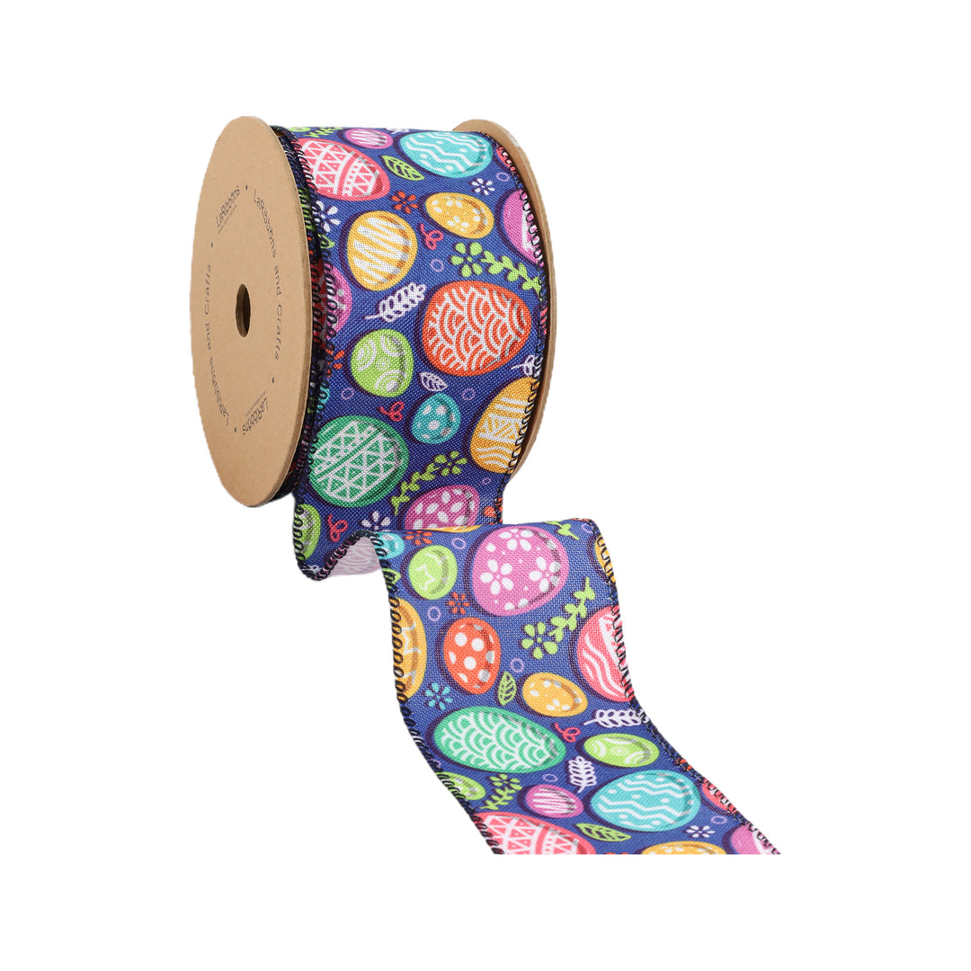 2 1/2 Wired Ribbon | Blue w/ Multi Easter Eggs | 10 Yard Roll