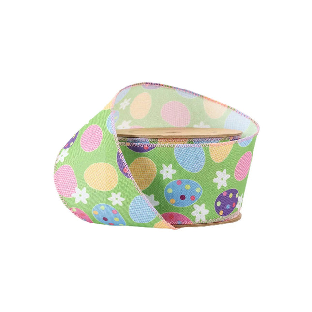 2 1/2 Wired Ribbon | Green w/ Easter Eggs & Flowers | 10 Yard Roll LaRibbons and Crafts