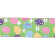 2 1/2 Wired Ribbon | Green w/ Easter Eggs & Flowers | 10 Yard Roll