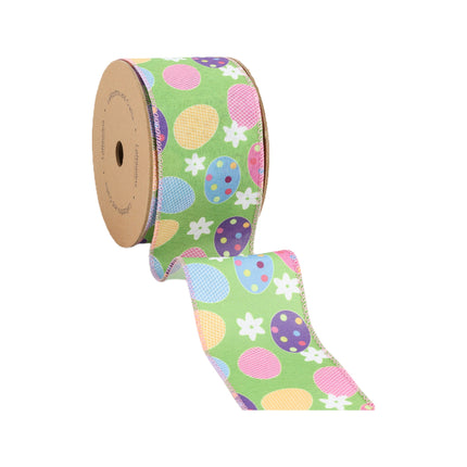 2 1/2 Wired Ribbon | Green w/ Easter Eggs & Flowers | 10 Yard Roll LaRibbons and Crafts