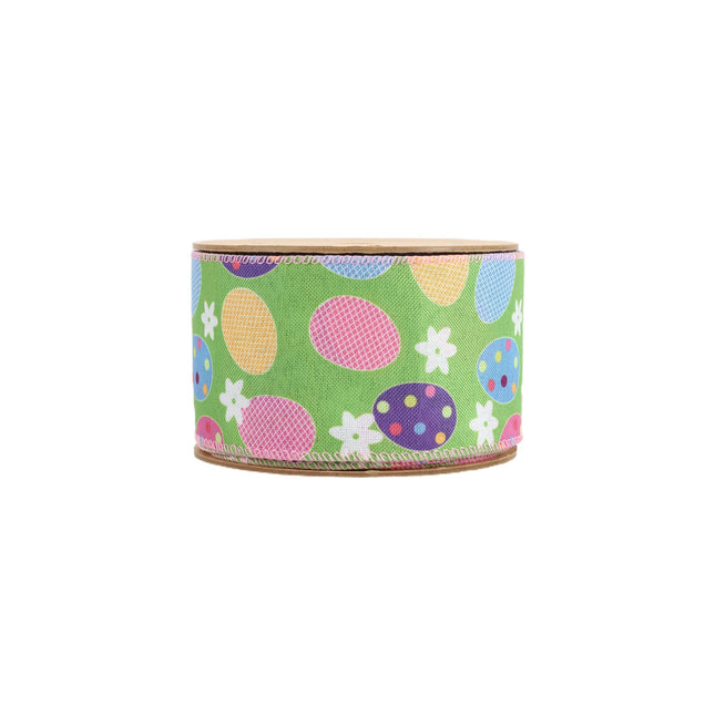 2 1/2 Wired Ribbon | Green w/ Easter Eggs & Flowers | 10 Yard Roll LaRibbons and Crafts