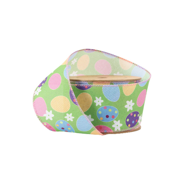 2 1/2 Wired Ribbon | Green w/ Easter Eggs & Flowers | 10 Yard Roll LaRibbons and Crafts