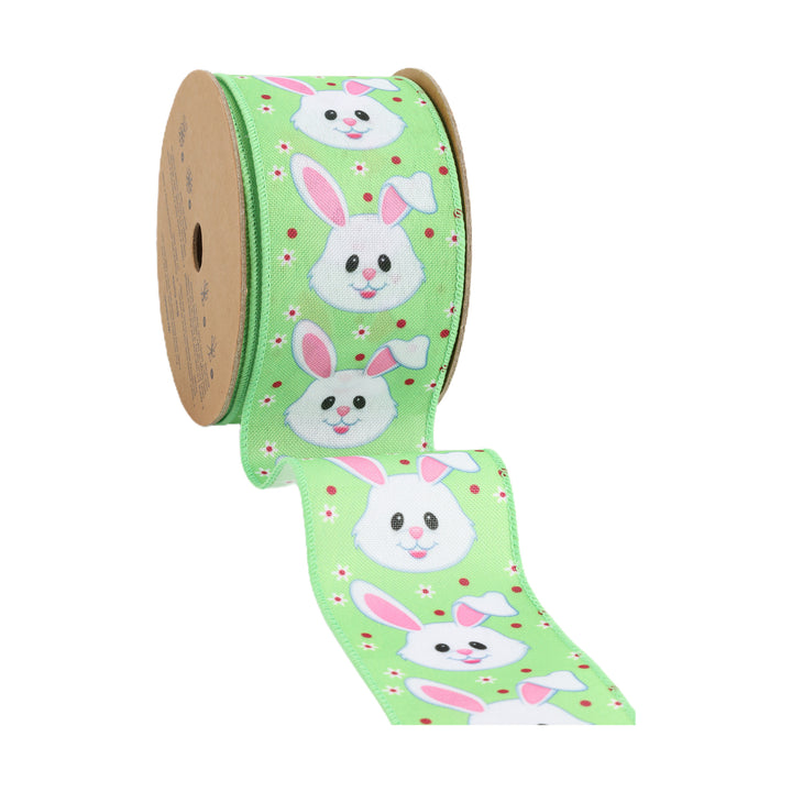 2 1/2 Wired Ribbon | Green w/ Bunny Face | 10 Yard Roll