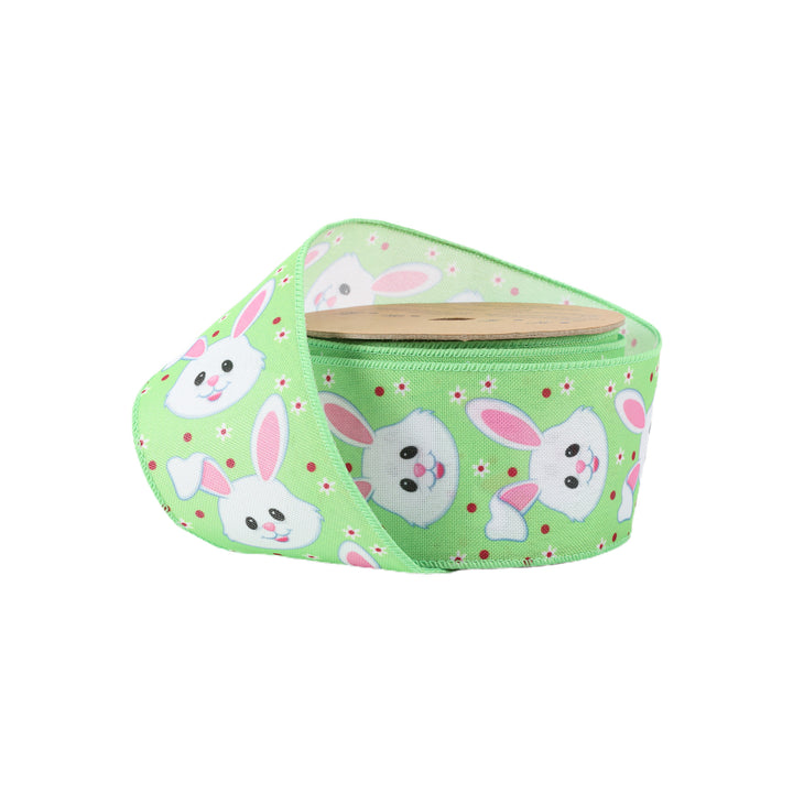 2 1/2 Wired Ribbon | Green w/ Bunny Face | 10 Yard Roll