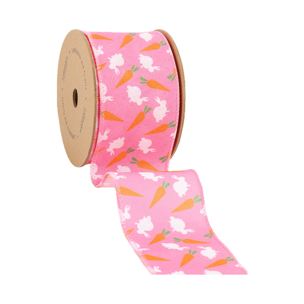 2 1/2" Wired Ribbon | Bright Pink w/ Bunny and Carrots | 10 Yard Roll