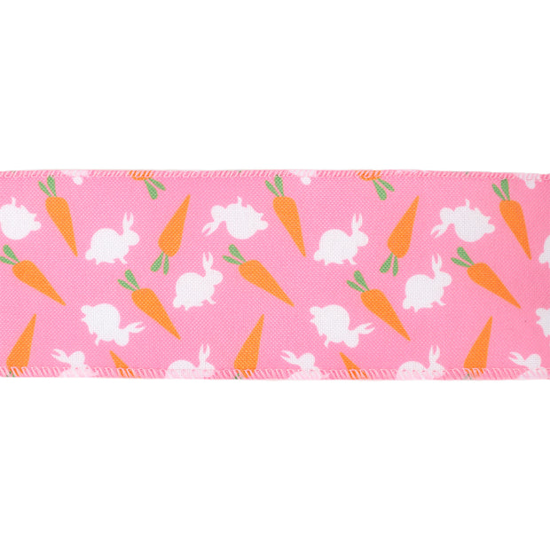 2 1/2" Wired Ribbon | Bright Pink w/ Bunny and Carrots | 10 Yard Roll