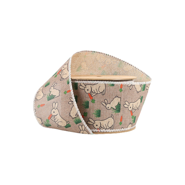 2 1/2" Wired Ribbon | Bunny w/ Carrot on Natural Linen | 10 Yard Roll