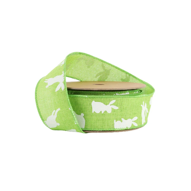 1 1/2" Wired Ribbon | Green w/ White All Over Bunny | 10 Yard Roll LaRibbons and Crafts