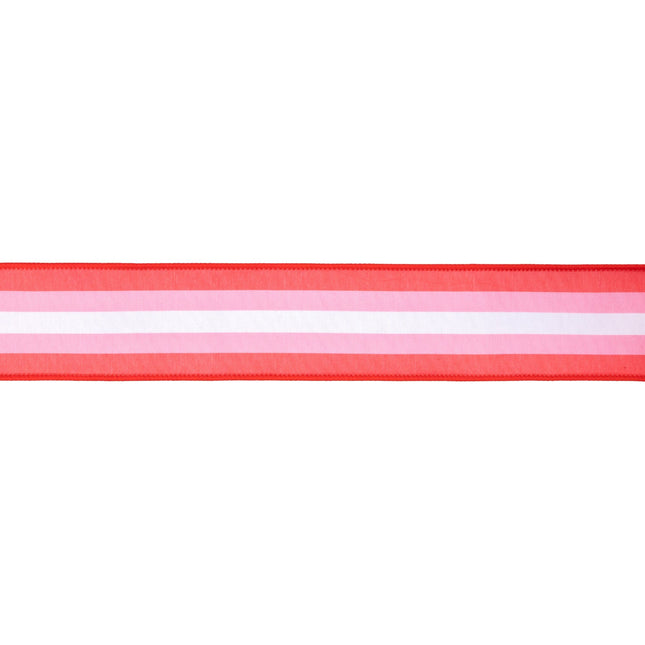 Red-based striped wired ribbon (pink-white accents) + red backing: fits celebratory displays and crafts.